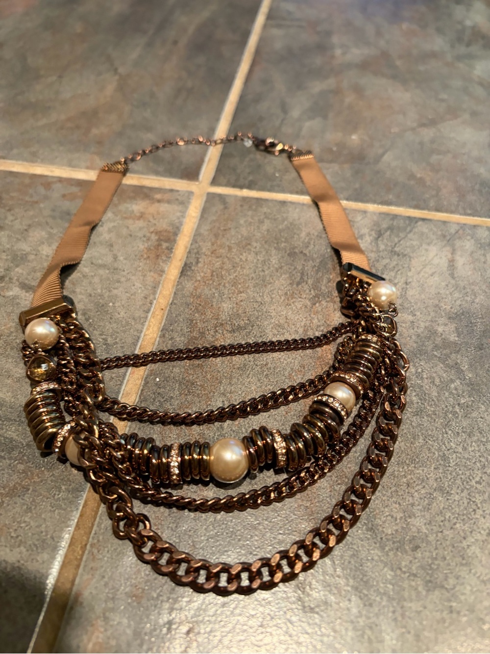 Multi-Chain Pearl Accent Necklace - Bronze Tone with chocolate grosgrain